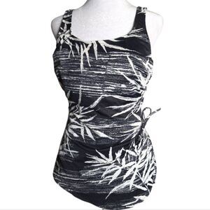 Vintage Beach Cabana Black & White Tropical Leaf Side Tie One Piece Swimsuit L